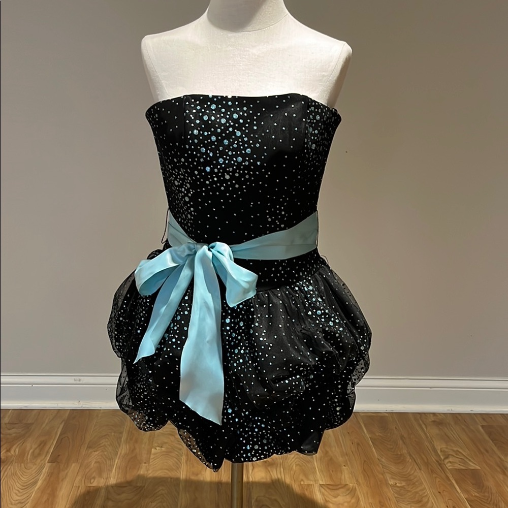 Jessica McClintock Strapless Black tulle bubble Dress silver Tiffany blue dots 5